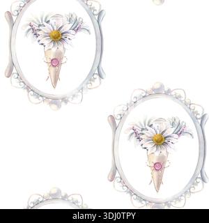 Nahtloses Muster, Rahmen aus Vintage-Perlen, Chrysanthemen-Blumen. Handgemalte Aquarellillustration isoliert auf weiß für Textilien, Verpackungen, Statione Stockfoto