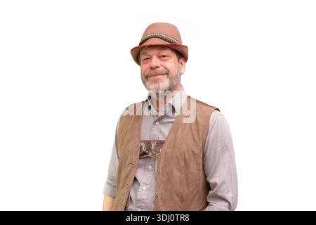 Porträt eines erwachsenen bärtigen Mannes mit Hut, isoliert auf weißem Hintergrund Stockfoto