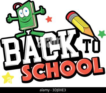 Zurück zur Schule Schriftzüge im modernen Stil mit Buch und Bleistiftcartoon. Vektorabbildung Stock Vektor