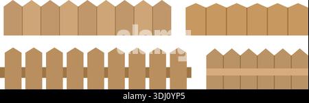 Einfacher Hölzerner Zaunrand Flacher Vektor-Satz. Holzzaun Clipart Set Flache Vektor-Illustration. Gartenzaun und Pflückzaun Clipart Kollektion. Stock Vektor