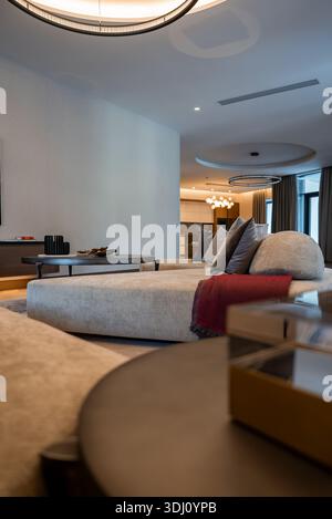Offenes städtisches Apartment mit weichen Sofas und kreisförmiger Beleuchtung Stockfoto
