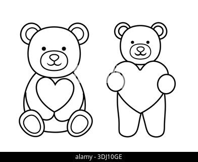 Niedlicher Teddybär Mit Herz-Ausmalset. Teddybär-Outline-Clipart zum Valentinstag für Malseiten. Weißer Hintergrund. Stock Vektor