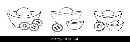 Chinesisches Gold Ingot Outline Illustrationsset. Yuanbao Gold Barren Black and White Line Art. Lucky Chinese Goldbarren Malseiten und Vorlagen. Stock Vektor
