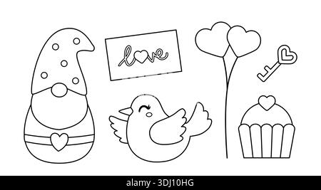 Valentinstag Elemente für Umrisse und Ausmalseiten und Vorlagen. Enthält niedliche rosa Gnome, Turteltauben, Schlüssel, Herzballons. Stock Vektor