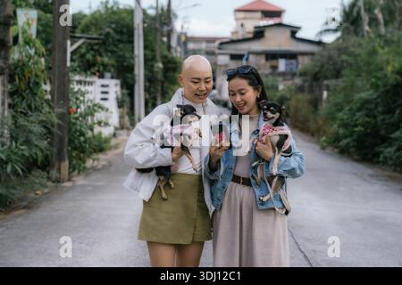 Asiatische Freunde gehen auf der Straße und halten Hunde mit Smartphone Stockfoto