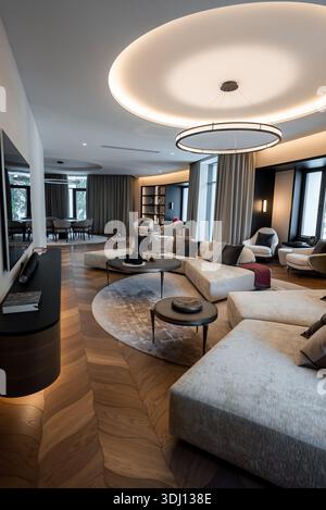Modernes europäisches Wohnzimmer mit runder Deckenleuchte und Teppich Stockfoto