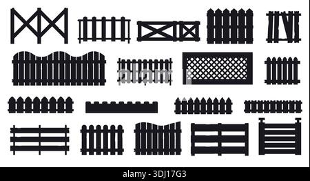 Zaunsilhouetten. Schwarze hölzerne Gartenrandsymbole, Landhaus einfaches Paneeltor, Begrenzungsschutzelemente. Vektor-Wandset aus schwarzem Holz. Stock Vektor