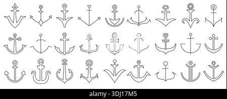 Ankersymbole für die Marine. Maritimes Logo oder Insignien im Vintage-Stil. Einfache Vektoranker-Kontur und Silhouette für Tätowierungen, Stempel oder Business-Grafiken Stock Vektor