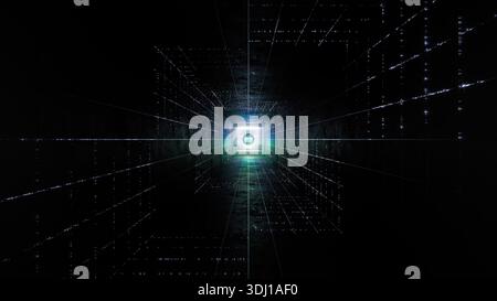 Abstrakter schwarzer 3D-Sci-fi-Tunnel. Wurmloch absorbiert den Cyberspace. 3D-Portal. Futuristischer Fantasy-Hightech-Tunnel. 3D-Abbildung. Stockfoto