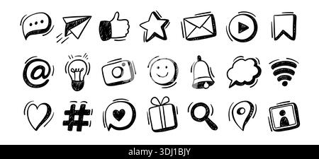 Social-Media-Symbole kritzeln. Sprechblase, Papierflugzeug und ähnliche Daumen nach oben, Sternebewertung und E-Mail-Umschlag, Wiedergabetaste und Glühbirne, Kamera, Emoji Stock Vektor