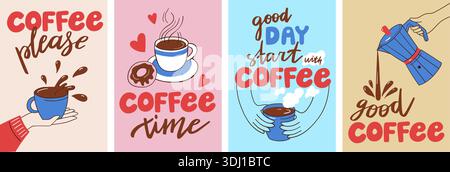 Poster mit „Coffee Doodle“-Schriftzug und verspielten Zitaten für Café-Banner, „Coffee Shop“-Schriftzug und „Social Media Story“ oder „Frühstücksdesign“. Hand Stock Vektor