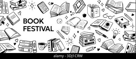 Buchfestival-Kritzelposter mit Bibliothekssymbolen und Lesebüchern für Banner, Schulflyer und Werbedesign für Buchhandlungen. Handgezeichnet Stock Vektor