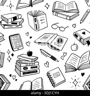 Nahtloses Kritzelmuster für Bücher. Bücherstapel und Lesebrille für Bibliothektapeten, Textilinhalt und literarische Verpackungen. Handgezeichnet V Stock Vektor