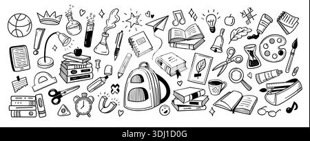 Schulkritzele Ikonen mit Schulmaterial, Unterrichtsmaterial. Buch, Notebook und Rucksack, Bleistift und Krone, Smartphone und Papierflugzeug, Licht Stock Vektor