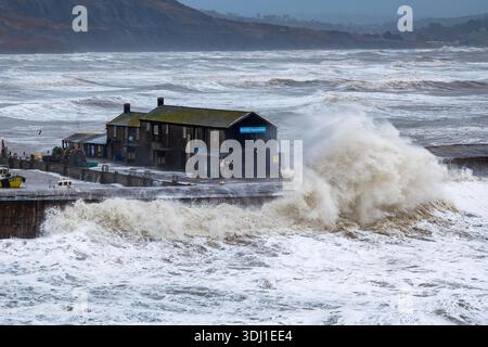 Lyme Regis, Dorset, Großbritannien. Januar 2026. Wetter in Großbritannien: Die Wellen von Sturm Ingrid stürzen an einem Morgen mit Sturm, Regen und rauer See gegen die Cobb Harbour Wall in Lyme Regis in Dorset. Bildnachweis: Graham Hunt/Alamy Live News Stockfoto