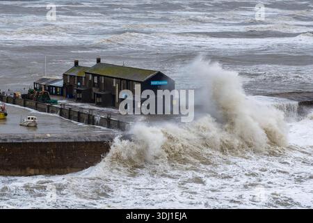 Lyme Regis, Dorset, Großbritannien. Januar 2026. Wetter in Großbritannien: Die Wellen von Sturm Ingrid stürzen an einem Morgen mit Sturm, Regen und rauer See gegen die Cobb Harbour Wall in Lyme Regis in Dorset. Bildnachweis: Graham Hunt/Alamy Live News Stockfoto