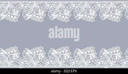 Nahtloser Rahmen mit Spitze. Hochzeit mit filigranen und Guipure-Kanten in Blumenweiß, elegante Einladung zur Braut. Häkeln Sie Ornamente für das Sammelalbum, lasergeschnitten Stock Vektor