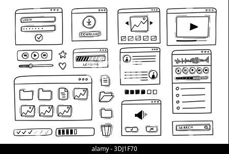 Drahtmodellsatz der Browser-UI. Doodle Widget und Anmeldeformular für Dashboard für App-Prototyp, Webchart, Dateisystem für reaktionsschnellen Desktop. Kontursymbole für Stock Vektor