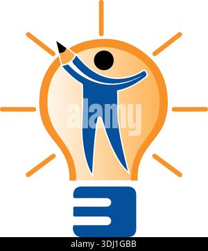 Glühbirne und Bleistift Mann auf Licht Logo Design, Vector Design Konzept Pro Vector Stock Vektor