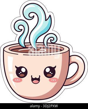 Kawaii Hot Coffee Cup Charakter, Niedliche Dampfende Tasse Vektor Illustration, Flacher Aufkleber Stil Stock Vektor