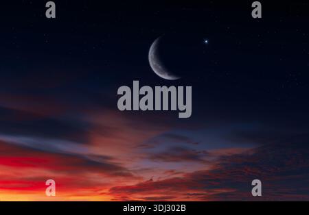 Ramadan-Hintergrund mit Sicheln, Sternen und leuchtenden Wolken vom Himmel. Hilal und Eid. Ramadan. Monat Ramadan. Diese Elemente wurden von der NASA bereitgestellt. Stockfoto