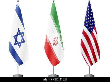 Drei kegelförmige Flaggen auf Polen, Israel, Iran, USA, isoliert auf einem transparenten Hintergrund Stock Vektor
