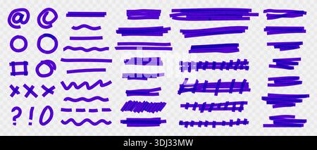 Markierungslinien für violette Filzspitzen, Markierungslinien mit Pinsellinien, handgezeichnete Unterstriche, Kreuze und wellige Akzente, Markierungslinien für Doodle Stock Vektor