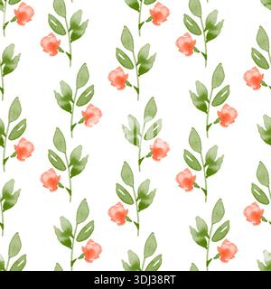 Hand gezeichnetes nahtloses Aquarellmuster mit kleinen orangen Blumen und grünen Blättern auf weißem Hintergrund Stockfoto