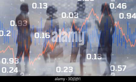 Abstrakte Visualisierung von Finanzdaten mit dynamischen Diagrammen und Diagrammen auf dem digitalen Bildschirm. Stockfoto