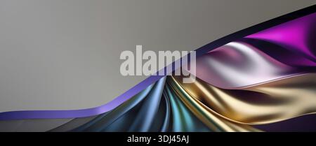 Der Hintergrund aus lebendigem Seiden zeigt sich mit fließenden Wellen in Violett, Blau, Gold und Silber, die eine dynamische und glatte visuelle Textur schaffen, die fesselnd wirkt Stockfoto