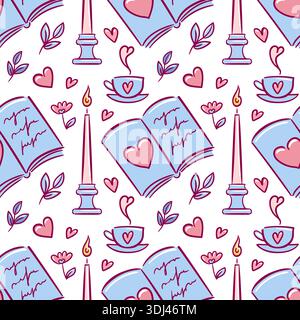 Gemütliches nahtloses Muster mit offenem Buch, leuchtender Kerze, Herzformen und dampfender Teetasse. Flacher Vektorstil, warme Ästhetik, sich wiederholender Hintergrund für Stock Vektor