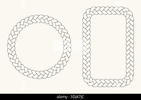 Seilrahmen-Umrissset, rechteckiger Kreis, geometrische Umrandung, handgezeichneter Tintenfleck Pinsellinie Ornament, Sketch-Kontur, dekorativ Stock Vektor