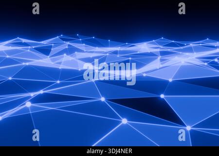 Atemberaubende blaue Netzwerkverbindungen mit leuchtenden Knoten und Leitungen Stockfoto