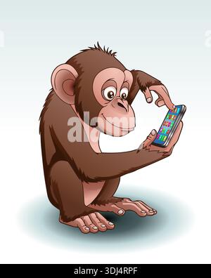 Illustrationsdesign eines Schimpansen, der ein Smartphone auf isoliertem weißem Hintergrund lernt Stockfoto