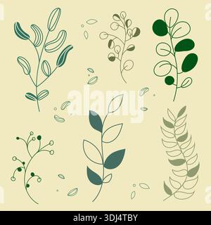 Große Kollektion moderner Blumenelemente. Sechs verschiedene Blattzweige auf warmbeigem Hintergrund. Universelles Set für umweltfreundliches Branding, Logo-Design Stock Vektor