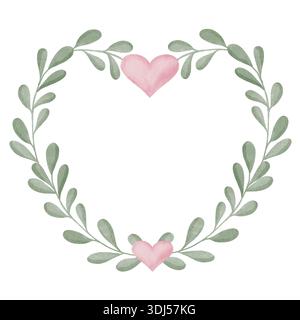 Aquarellkranz aus grünen Zweigen mit Blättern und rosa Herzen. Isoliert auf weißem Hintergrund, mit Platz für Text in der Mitte. Rahmen für Hochzeitsankündigungen, Valentinskarten und Einladungen Stockfoto