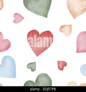 Nahtloses Muster aus Herzen mit farbigen Aquarellen. Rosa, Grün, Blau. Weißer Hintergrund. Perfekt für romantische Tapeten, Textilien und Geschenkpapier Stockfoto