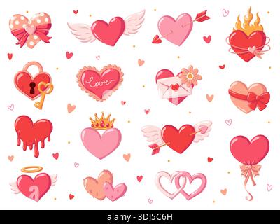 Romantische Cartoon-Herzelemente in roten und rosafarbenen Farben. Valentinskollektion. Vektor-isolierte Illustration auf weißem Hintergrund Stock Vektor