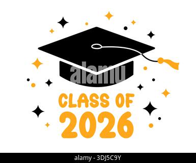 Grußkarte mit Abschluss der Klasse 2026, Druck, Poster. Illustration der Vektorabwicklung. Schwarze akademische Kappe und goldgelbe 2026-Nummer auf weißem Hintergrund Stock Vektor