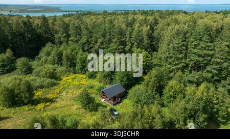 Aus der Vogelperspektive sehen Sie eine kleine Holzhütte mit dunklem Dach, ein Auto daneben, einen breiten See hinter den Bäumen, helles Sommerlicht und gelbe Wildblumen Stockfoto