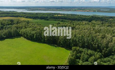 Aus der Vogelperspektive auf Mischwälder neben hellen Wiesen, ein breiter Fluss, der sich über die mittlere Distanz unter teilweise bewölktem Himmel schlängelt, sanftes Tageslicht suggeriert Stockfoto