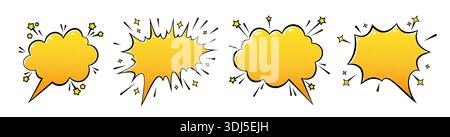Sprechblase mit Starbursten, Pop-Art-Set mit scharfen Action-Linien. Gelbe Explosive Formen, Halbtonstruktur, Sternakzente. Retro-Vektor-Frames für Überschriften, Comic-Dialoge, Beschriftungen, Soundeffekte Stock Vektor