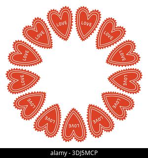 Skurrile Vektor-Illustration eines kreisförmigen Rahmens aus dekorativen Volksherzen. Niedliches handgezeichnetes Doodle-Design in Rot und weiß, perfekt für Stock Vektor