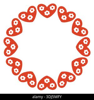 Skurrile Vektor-Illustration eines kreisförmigen Rahmens aus dekorativen Volksherzen. Niedliches handgezeichnetes Doodle-Design in Rot und weiß, perfekt für Stock Vektor