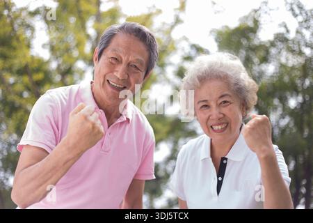 Glückliches asiatisches Seniorenpaar jubelt mit geballten Fäusten in einem Park, was gesundes Altern und Lebensfreude im Ruhestand repräsentiert. Stockfoto