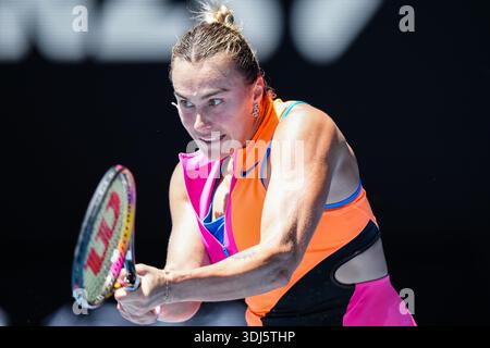 Melbourne, Victoria, Australien. Januar 2026. Aryna Sabalenka wurde während der vierten Runde der Australian Open 2026 Women's Singles am 25. Januar 2026 in der Rod Laver Arena in Melbourne, Australien, gezeigt. (Foto: Nick Strange/Fotonic/Alamy Live News) Stockfoto