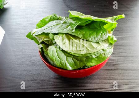 Eine rote Schüssel auf Einem schwarzen Tisch ist mit Malabar Spinat gefüllt Stockfoto