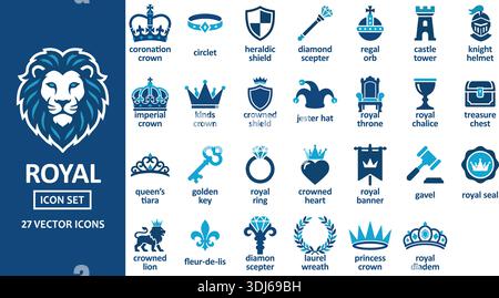 Flacher zweifarbiger Vektor-Icon-Satz königlicher mittelalterlicher Königreichssymbole für edles Design Stock Vektor