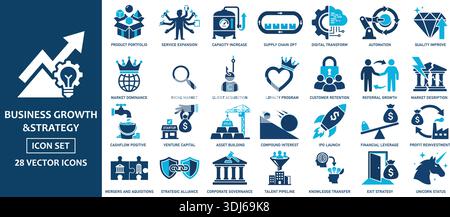Eine Reihe von 28 Vektorsymbolen, die Geschäftswachstum und Strategiekonzepte darstellen. Ideal für Präsentationen, Infografiken und Marketingmaterialien. Stock Vektor