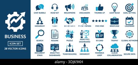 Dieses professionelle Icon-Paket bietet einen ultraflachen 2D-Corporate-Stil in einer Farbpalette in Navy und Cyan. Die Sammlung umfasst 28 verschiedene Pictogra Stock Vektor